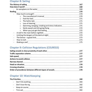 K&ouml;nnte beinhalten: Eine Inhaltsverzeichnisseite mit Kapitel 8: Sailing, Kapitel 9: Collision Regulations (COLREGS) und Kapitel 10: Watchkeeping. Der Text listet verschiedene Unterthemen und die dazugeh&ouml;rigen Seitenzahlen auf, gedruckt in Schwarz auf wei&szlig;em Grund.