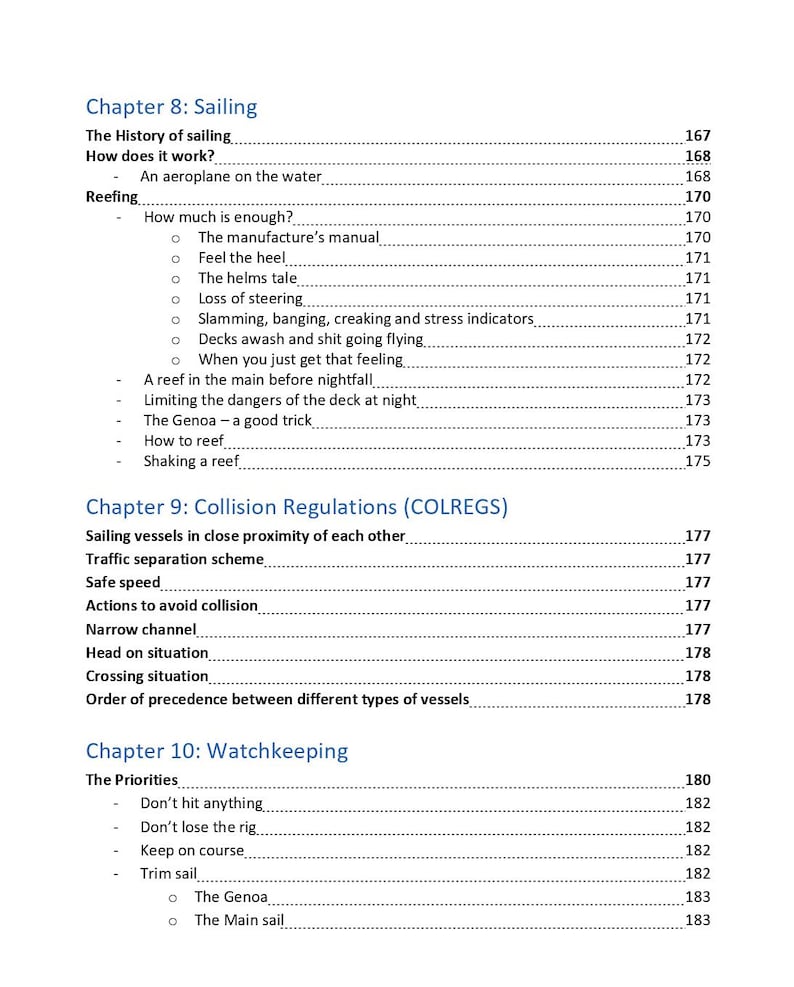 K&ouml;nnte beinhalten: Eine Inhaltsverzeichnisseite mit Kapitel 8: Sailing, Kapitel 9: Collision Regulations (COLREGS) und Kapitel 10: Watchkeeping. Der Text listet verschiedene Unterthemen und die dazugeh&ouml;rigen Seitenzahlen auf, gedruckt in Schwarz auf wei&szlig;em Grund.