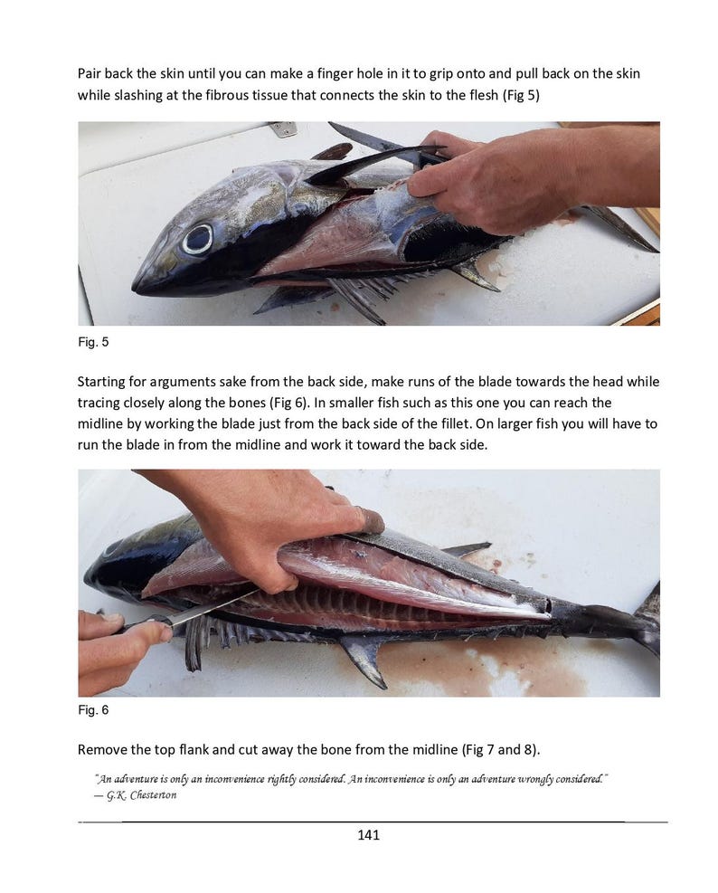 K&ouml;nnte beinhalten: Eine Seite aus einem Handbuch mit zwei instruktiven Fotos, die das Filetieren eines Thunfischs zeigen. Das obere Bild zeigt ein Messer, das die Haut vom Fleisch trennt. Das untere Bild zeigt ein Messer, das entlang der Mittellinie schneidet.