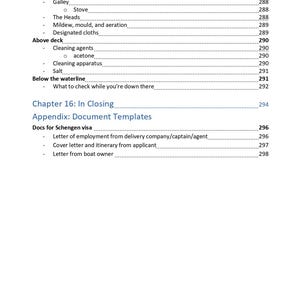 K&ouml;nnte beinhalten: Eine Inhaltsverzeichnisseite mit schwarzem Text auf wei&szlig;em Hintergrund. Sie listet Abschnitte auf, darunter Personal effects, Galley, The Heads, Mildew, mould, and aeration, Designated cloths, Above deck, Cleaning agents und Below the waterline.