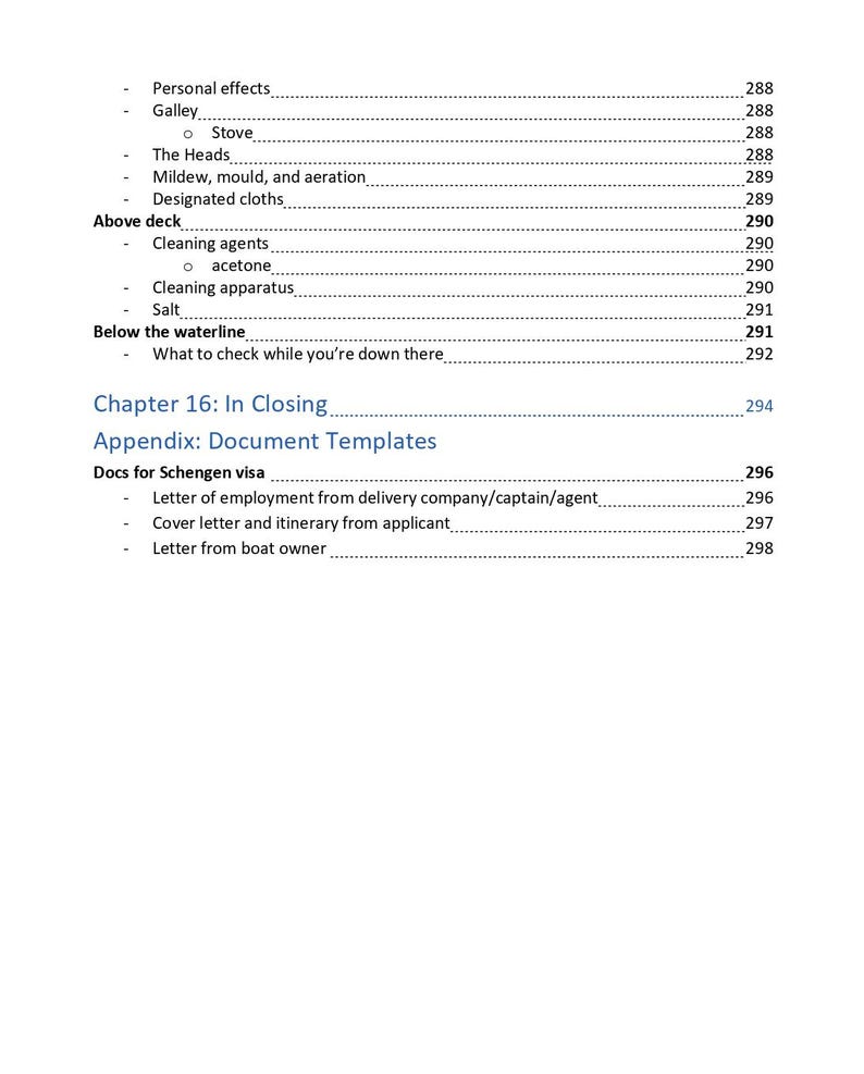 K&ouml;nnte beinhalten: Eine Inhaltsverzeichnisseite mit schwarzem Text auf wei&szlig;em Hintergrund. Sie listet Abschnitte auf, darunter Personal effects, Galley, The Heads, Mildew, mould, and aeration, Designated cloths, Above deck, Cleaning agents und Below the waterline.