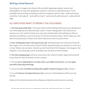K&ouml;nnte beinhalten: Eine Dokumentenseite mit dem Titel Writing a Good Resume, die Text &uuml;ber Arbeitsmoral, Zuverl&auml;ssigkeit und Arbeitsleistung f&uuml;r Besatzungsmitglieder auf Motoryachten enth&auml;lt, mit einem Zitat von Jean Luc Godard und der Seitenzahl 53 unten.