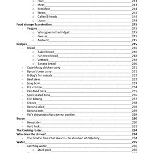 K&ouml;nnte beinhalten: Eine schwarz-wei&szlig;e Inhaltsverzeichnisseite aus einem Buch mit Abschnitten wie Food storage & protection, Recipes, Booze, The Cooking roster, Who does the dishes? und Water, wobei die Seitenzahlen jeweils auf der rechten Seite aufgef&uuml;hrt sind.