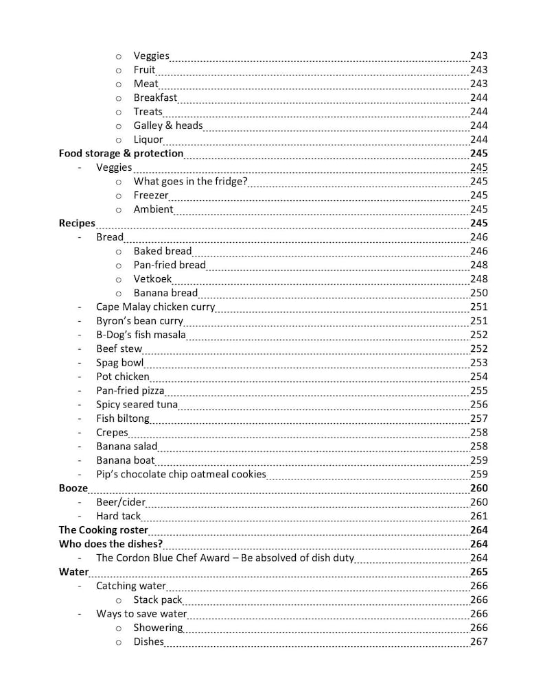 K&ouml;nnte beinhalten: Eine schwarz-wei&szlig;e Inhaltsverzeichnisseite aus einem Buch mit Abschnitten wie Food storage & protection, Recipes, Booze, The Cooking roster, Who does the dishes? und Water, wobei die Seitenzahlen jeweils auf der rechten Seite aufgef&uuml;hrt sind.