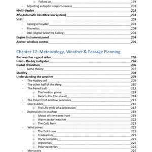 K&ouml;nnte beinhalten: Eine Buchseite mit einem Inhaltsverzeichnis, das Themen wie Wind vane, AIS, VHF und Engine instrument panel enth&auml;lt. Kapitel 12 tr&auml;gt den Titel Meteorology, Weather & Passage Planning und listet Unterthemen wie Global circulation, Stability und Monsoons auf.