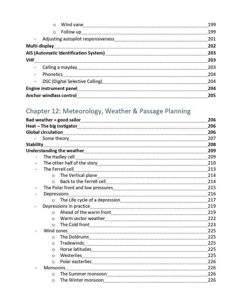K&ouml;nnte beinhalten: Eine Buchseite mit einem Inhaltsverzeichnis, das Themen wie Wind vane, AIS, VHF und Engine instrument panel enth&auml;lt. Kapitel 12 tr&auml;gt den Titel Meteorology, Weather & Passage Planning und listet Unterthemen wie Global circulation, Stability und Monsoons auf.