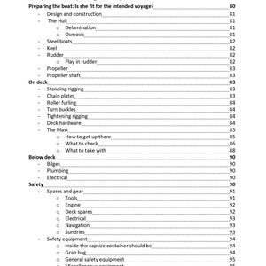 K&ouml;nnte beinhalten: Eine gedruckte Inhaltsverzeichnisseite mit dem Titel Chapter 4: Preparing for Departure. Der Text listet Abschnitte wie Preparing the boat, On deck, Below deck, Safety und Legalities auf, mit entsprechenden Seitenzahlen von 80 bis 96.