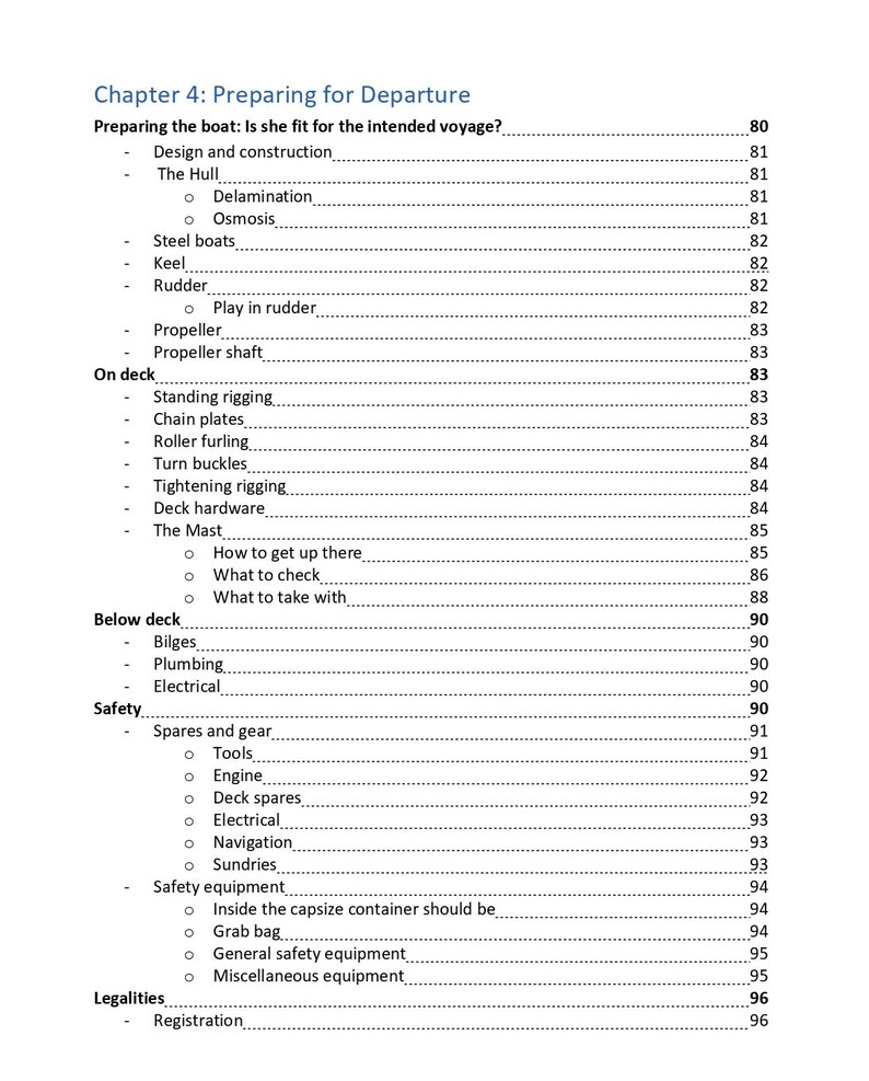 K&ouml;nnte beinhalten: Eine gedruckte Inhaltsverzeichnisseite mit dem Titel Chapter 4: Preparing for Departure. Der Text listet Abschnitte wie Preparing the boat, On deck, Below deck, Safety und Legalities auf, mit entsprechenden Seitenzahlen von 80 bis 96.