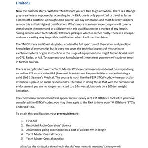 K&ouml;nnte beinhalten: Eine Dokumentenseite mit dem Titel Yacht Master Offshore, die Anforderungen und Informationen f&uuml;r die Qualifikation detailliert. Der Text beschreibt Lehrplaninhalte, Optionen f&uuml;r kommerzielle Anerkennungen und f&uuml;nf spezifische Voraussetzungen, einschlie&szlig;lich Erster Hilfe.