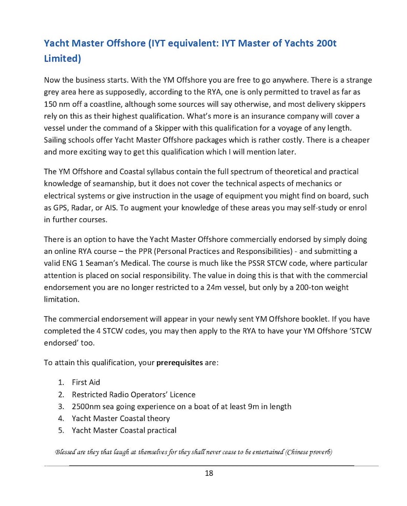 K&ouml;nnte beinhalten: Eine Dokumentenseite mit dem Titel Yacht Master Offshore, die Anforderungen und Informationen f&uuml;r die Qualifikation detailliert. Der Text beschreibt Lehrplaninhalte, Optionen f&uuml;r kommerzielle Anerkennungen und f&uuml;nf spezifische Voraussetzungen, einschlie&szlig;lich Erster Hilfe.