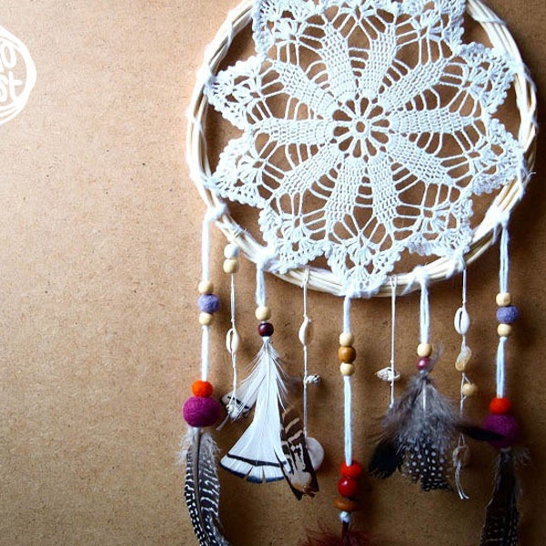 Unique Dream Catcher - Boho Dreams - With Crochet Web, Lots of unique Feathers, Colorful Beads - Boho Home Decor, Nursery Mobile