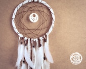 Dream Catcher - Night Sky - With Carved Shell Amulet, Brown Web, White Frame, Floral Laces and Feathers - Home Decor, Nursery Mobile
