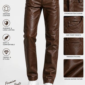 May include: Brown leather trousers featuring a button closure, deep front pockets, and horizontal seam detailing across the legs. The trousers are paired with white trainers. Text on the image includes Szam Sports, Premium Leather Pants, and feature labels.