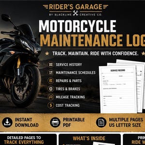 Puede incluir: Una plantilla digital de registro de mantenimiento de motocicletas con una moto deportiva negra a la izquierda y texto blanco sobre fondo oscuro. El texto incluye Rider's Garage, Motorcycle Maintenance Log y categorías de seguimiento como historial de servicio y reparaciones.
