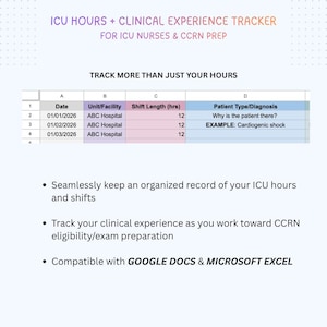 May include: A digital ICU hours and clinical experience tracker spreadsheet for nurses and CCRN prep. The document includes columns for date, unit, shift length, and patient diagnosis, with compatibility for Google Docs and Microsoft Excel software.