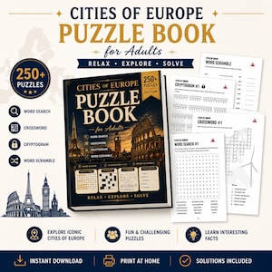 Könnte beinhalten: Ein Cities of Europe Rätselbuch für Erwachsene mit über 250 Rätseln, darunter Wortsuchrätsel, Kreuzworträtsel, Kryptogramme und Wortsalat. Das Cover zeigt europäische Wahrzeichen und es sind mehrere Innenseiten des Buches abgebildet.