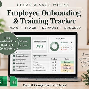 Op de afbeelding: Een laptopscherm met de Cedar & Sage Works Employee Onboarding & Training Tracker. De interface toont een voortgangspercentage, een donutdiagram voor taken per status en een tabel met aankomende deadlines voor verschillende taken.
