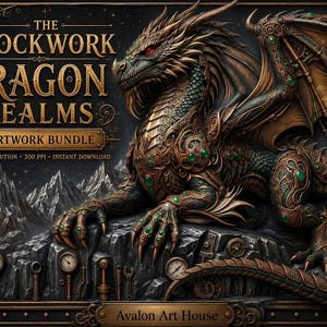 May include: A digital artwork bundle titled The Clockwork Dragon Realms featuring a mechanical dragon with bronze-toned scales, green gemstone accents, and red eyes perched on a rocky cliff with gauges and tools integrated into the stone base.