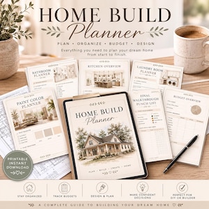 May include: A Home Build Planner set featuring a central clipboard with a house illustration, surrounded by various planning sheets including Bathroom, Kitchen, Laundry, Paint Color, and Budget Overview pages, accompanied by a black pen and text.
