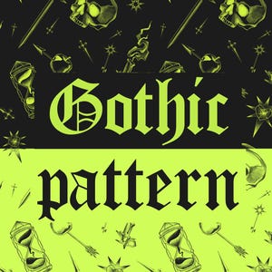 Könnte beinhalten: Ein sich wiederholendes Muster mit Totenköpfen, Sanduhren, Pfeilen und sternförmigen Herzen in Limettengrün auf schwarzem Grund sowie in Schwarz auf limettengrünem Grund. Der Text "Gothic pattern" steht in Frakturschrift in der Mitte.