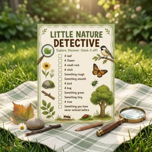 Könnte beinhalten: Eine rechteckige Little Nature Detective Checkliste mit Illustrationen einer Lupe, Blume, eines Steins, Stocks, Blatts, Vogels, Schmetterlings, Käfers, Baums, einer Ameise und eines Marienkäfers sowie Text zum Erkunden, Entdecken und Abhaken.