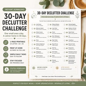 Könnte beinhalten: Eine druckbare 30-Tage-Aufräum-Challenge-Checkliste auf weißem Papier mit schwarzem Text. Das Dokument enthält eine nummerierte Liste von 1 bis 30 mit täglichen Aufgaben, Kontrollkästchen und Abschnitten für Notizen vor und nach dem Zeitraum.