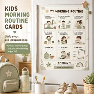 May include: A rectangular magnetic chart titled MY MORNING ROUTINE with nine illustrated steps for children, including tasks like wake up, brush teeth, and get dressed. The chart features a soft green and cream color palette with star and rainbow icons.