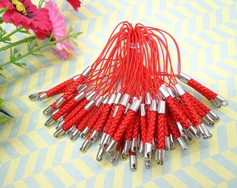 Cell Phone Strap Lanyard--20 pcs 70x3mm Red Lariat Lanyard Mobile Cell Phone Strap Chains Connectors With Silver Metal Top