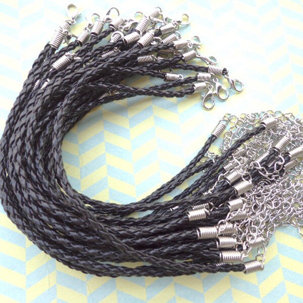 50pcs 3mm 7 -9 inch adjustable black faux braided leather bracelet with white k lobster clasp