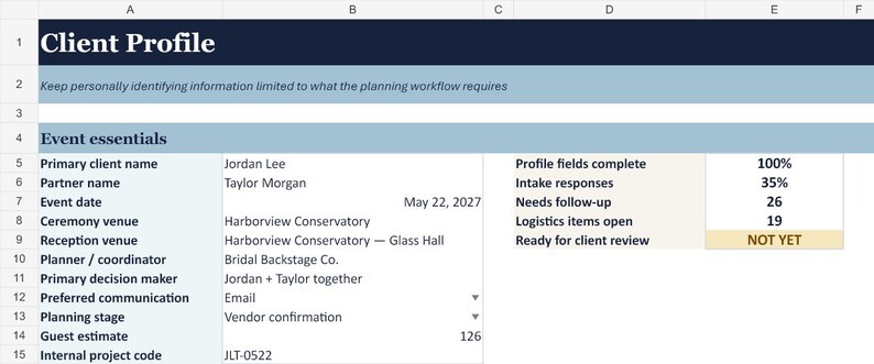 May include: A digital spreadsheet titled Client Profile with a dark blue header. It lists event essentials including client names Jordan Lee and Taylor Morgan, event date 22 May 2027, venue details, and project metrics like 100% profile completion.