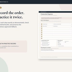 May include: A page from a Bridal Backstage Co. document titled Record the order. Practice it twice. It features a Connection Sequence form with numbered steps, a Built-in Practice Record section, and a space for notes if something does not match.