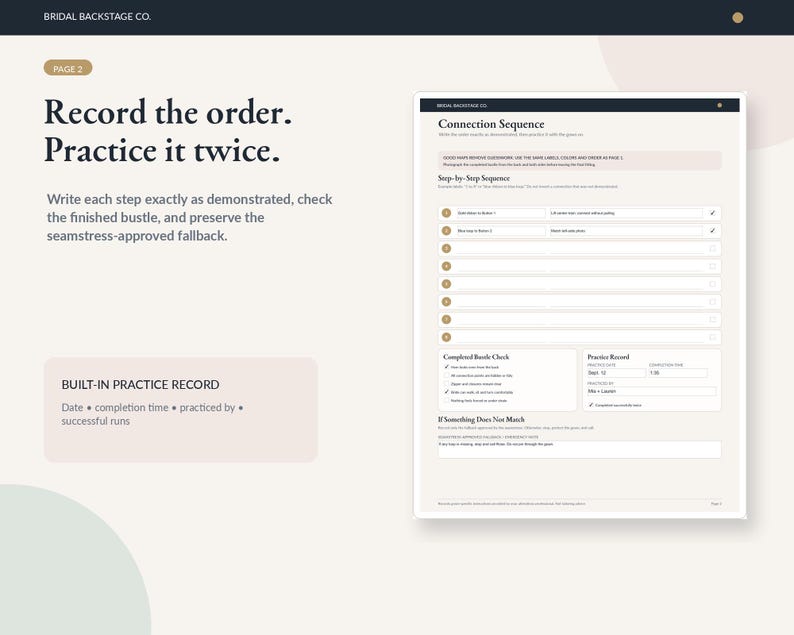 May include: A page from a Bridal Backstage Co. document titled Record the order. Practice it twice. It features a Connection Sequence form with numbered steps, a Built-in Practice Record section, and a space for notes if something does not match.