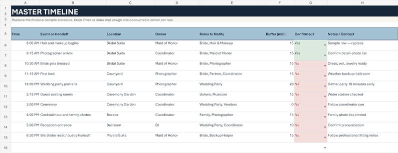 Puede incluir: Una hoja de c&aacute;lculo digital titulada MASTER TIMELINE con columnas para Time, Event or Handoff, Location, Owner, Roles to Notify, Buffer (min), Confirmed y Notes/Contact. La tabla enumera los elementos del horario de boda de 8:00 a 18:30.