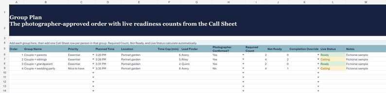 May include: A digital spreadsheet titled Group Plan with the subtitle The photographer-approved order with live readiness counts from the Call Sheet. The table includes columns for Order, Group Name, Priority, Planned Time, Location, Lead Finder, Photographer Confirmed, Required Count, Not Ready, Completion, Live Status, and Notes.