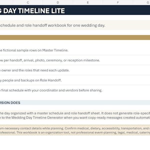 Puede incluir: Una hoja de c&aacute;lculo digital titulada Wedding Day Timeline Lite que presenta una gu&iacute;a de inicio r&aacute;pido con cinco pasos numerados. El documento incluye secciones para instrucciones del cronograma, detalles de entrega de roles y notas de funcionalidad.