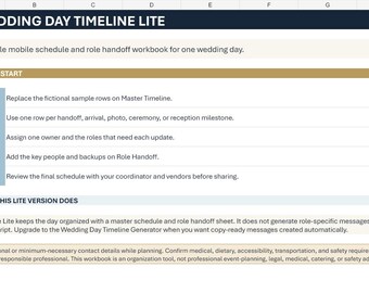 May include: A digital spreadsheet titled Wedding Day Timeline Lite featuring a quick start guide with five numbered steps. The document includes sections for master schedule instructions, role handoff details, and notes on the workbook's functionality.