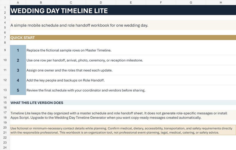 Puede incluir: Una hoja de c&aacute;lculo digital titulada Wedding Day Timeline Lite que presenta una gu&iacute;a de inicio r&aacute;pido con cinco pasos numerados. El documento incluye secciones para instrucciones del cronograma, detalles de entrega de roles y notas de funcionalidad.