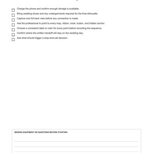May include: A white document titled Bridal Backstage Co. Preparation, featuring a checklist titled Before the demonstration begins. It includes six bullet points regarding wedding dress fitting procedures and a section for missing equipment or questions.