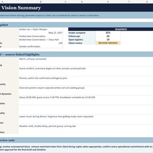 May include: A digital spreadsheet titled Client Vision Summary with blue and white headers. It contains event details for Jordan Lee and Taylor Morgan, including the date 22 May 2027, venue, guest count, and a readiness table showing 35% completion.