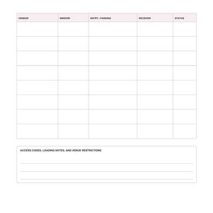 Op de afbeelding: Een wit document getiteld Bridal Backstage Co. Arrivals, Vendor arrivals and room access. Het bevat een tabel met kolommen voor Vendor, Window, Entry/Parking, Receiver en Status, plus een sectie voor Access codes, loading notes, and venue restrictions.