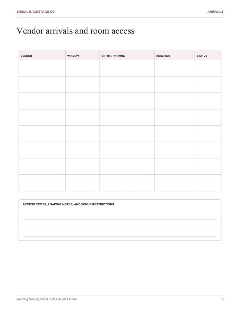 Op de afbeelding: Een wit document getiteld Bridal Backstage Co. Arrivals, Vendor arrivals and room access. Het bevat een tabel met kolommen voor Vendor, Window, Entry/Parking, Receiver en Status, plus een sectie voor Access codes, loading notes, and venue restrictions.