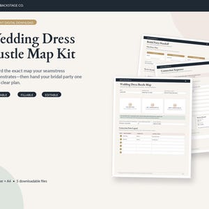 May include: A digital Wedding Dress Bustle Map Kit featuring printable, fillable, and editable templates. The documents include a Wedding Dress Bustle Map, Bridal Party Handoff, and Connection Sequence forms with sections for notes and instructions.
