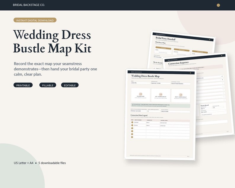 May include: A digital Wedding Dress Bustle Map Kit featuring printable, fillable, and editable templates. The documents include a Wedding Dress Bustle Map, Bridal Party Handoff, and Connection Sequence forms with sections for notes and instructions.