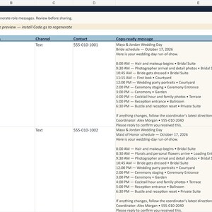 K&ouml;nnte beinhalten: Eine digitale Tabelle mit dem Titel ROLE MESSAGES, die Hochzeitspl&auml;ne f&uuml;r eine Braut und eine Trauzeugin enth&auml;lt. Die Tabelle umfasst Spalten f&uuml;r Rolle, Person, Kanal, Kontakt und kopierfertige Nachrichten mit Zeitpl&auml;nen und Orten.
