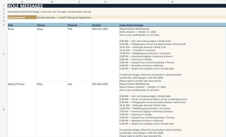 K&ouml;nnte beinhalten: Eine digitale Tabelle mit dem Titel ROLE MESSAGES, die Hochzeitspl&auml;ne f&uuml;r eine Braut und eine Trauzeugin enth&auml;lt. Die Tabelle umfasst Spalten f&uuml;r Rolle, Person, Kanal, Kontakt und kopierfertige Nachrichten mit Zeitpl&auml;nen und Orten.