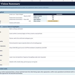 Może przedstawiać: Cyfrowy arkusz kalkulacyjny zatytułowany Client Vision Summary z niebiesko-białymi nagł&oacute;wkami. Zawiera szczeg&oacute;ły wydarzenia dla Jordan Lee i Taylor Morgan, w tym datę 22 maja 2027 r., miejsce, liczbę gości oraz tabelę z postępem prac.