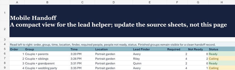May include: A digital spreadsheet titled Mobile Handoff with a dark blue header and white text. The table includes columns for Order, Group, Time, Location, Lead Finder, Required, Not Ready, and Status, tracking photography session details.