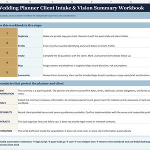 Może przedstawiać: Cyfrowy arkusz kalkulacyjny zatytułowany Wedding Planner Client Intake & Vision Summary Workbook. Zawiera pięciostopniowy przewodnik dla planist&oacute;w, w tym sekcje Duplicate, Profile, Intake, Map i Summarize oraz zasady dotyczące prywatności.