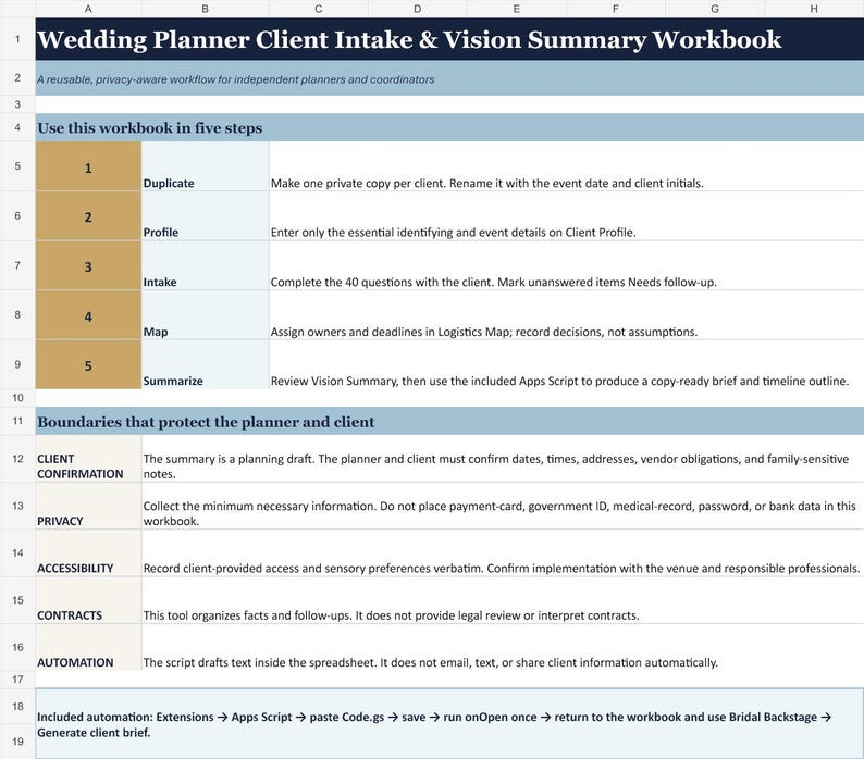 Może przedstawiać: Cyfrowy arkusz kalkulacyjny zatytułowany Wedding Planner Client Intake & Vision Summary Workbook. Zawiera pięciostopniowy przewodnik dla planist&oacute;w, w tym sekcje Duplicate, Profile, Intake, Map i Summarize oraz zasady dotyczące prywatności.