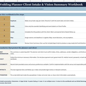 May include: A digital spreadsheet titled Wedding Planner Client Intake & Vision Summary Workbook. It features a five-step guide for planners, including sections for Duplicate, Profile, Intake, Map, and Summarise, plus boundaries for client privacy.
